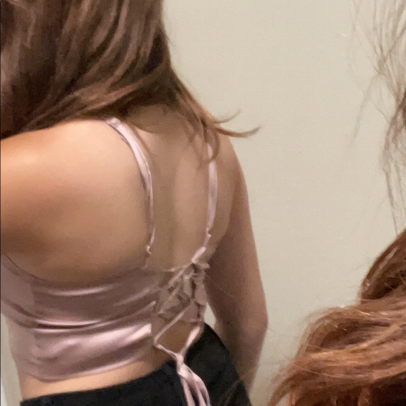 ruched lace up back satin crop cami top - Picture 3 of 3